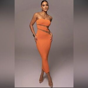 New! Orange Bodycon Tube Cocktail Dress with Mesh Panel Cutouts